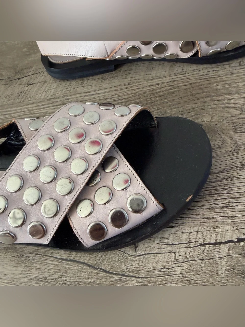 McQ By Alexander McQueen Black Studded Leather Sandals Cross Straps Size 37 Pink - Picture 5 of 10